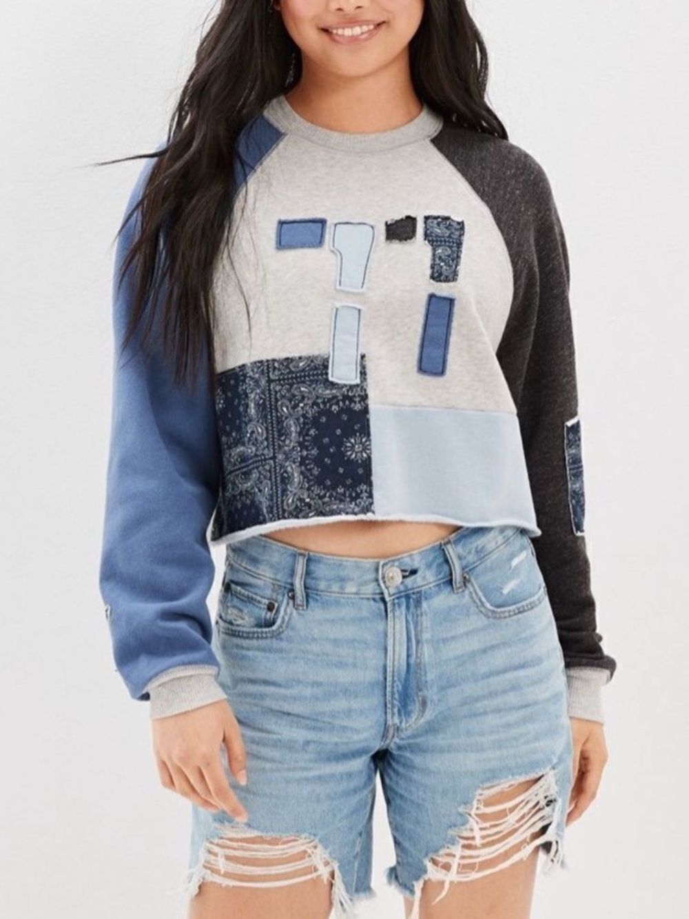 AE XXL Patchwork Shades Denim Blue Gray Crewneck Cropped Sweatshirt 77 Graphic